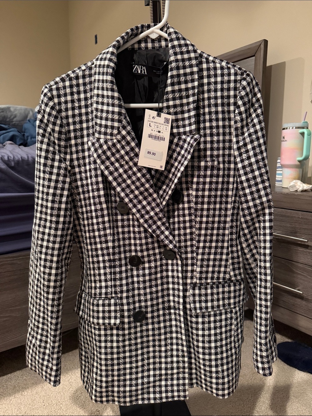 ZARA Black and White Checked Double-Breasted Blazer